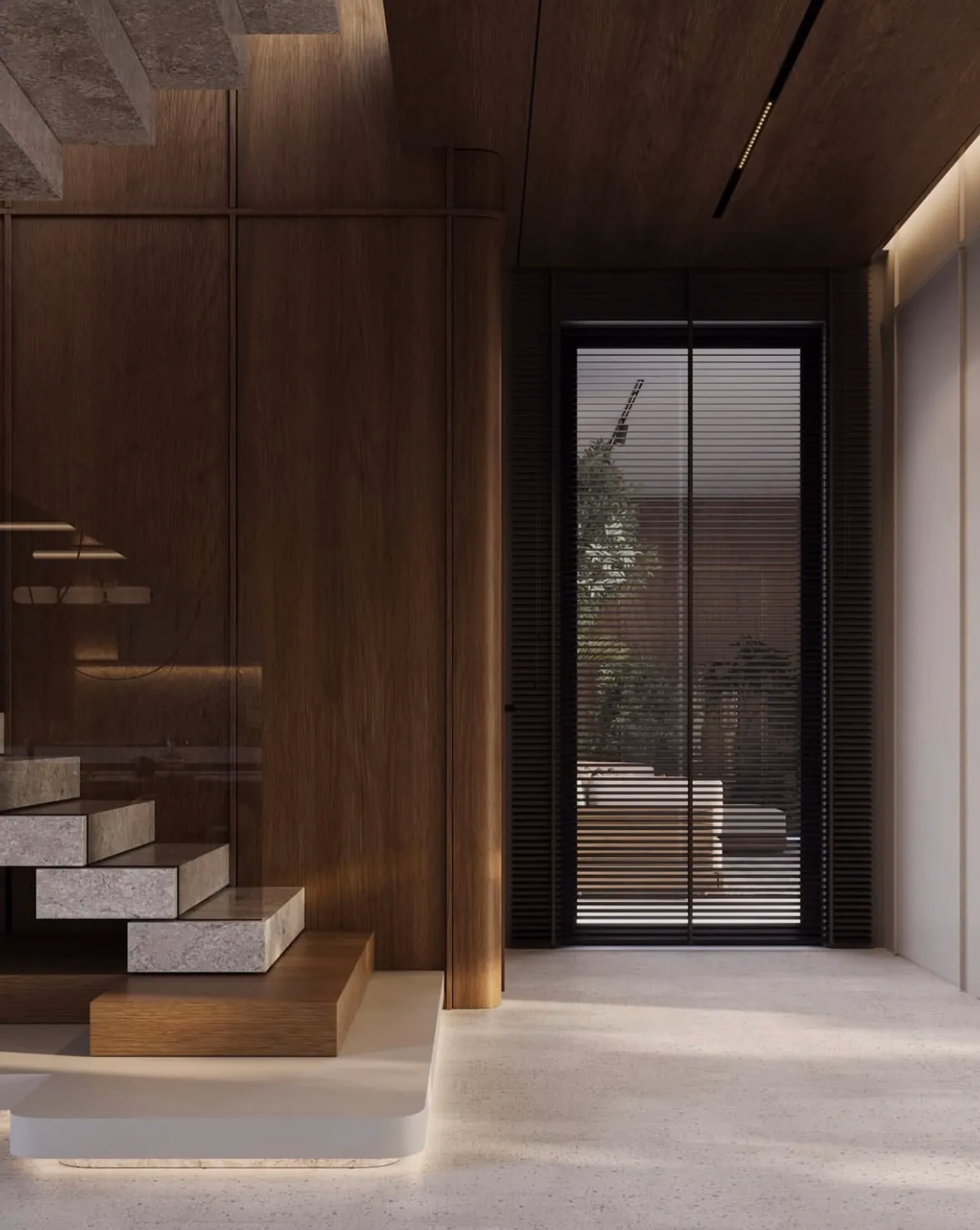 Villa entrance with stone, oak and lime plaster